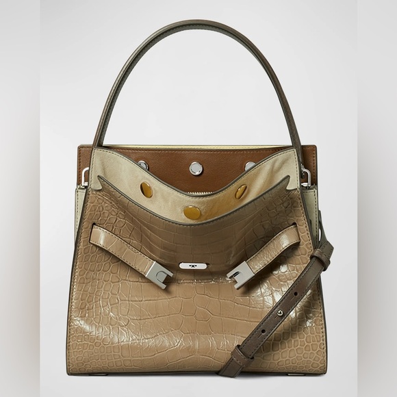 Rare Tory Burch Lee Radziwill Small Double Bag in Croc Embossed brown/shale - Picture 3 of 15